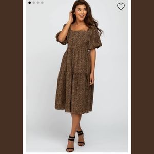 Leopard Print Square Neck Ruffle Hem Midi Dress